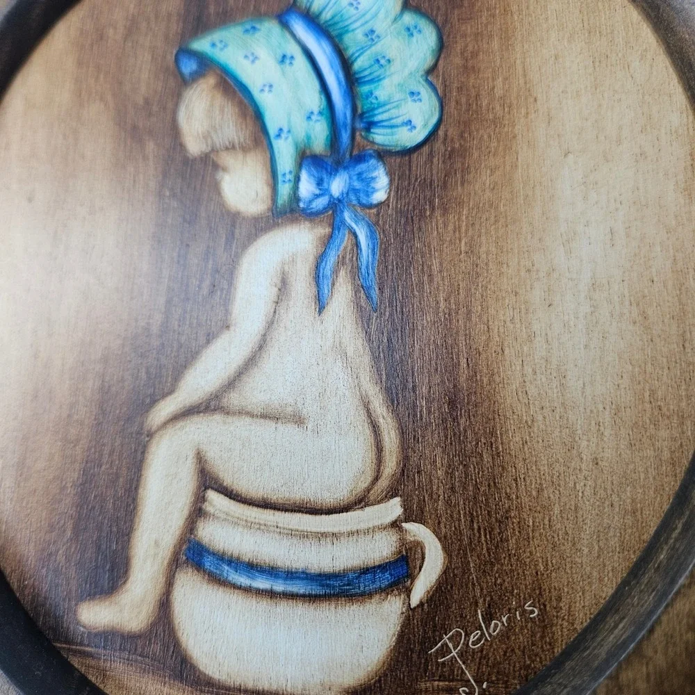 Vtg Peloris Hand Painted Wood Wall Art Child on Potty Bathroom Decor 9 In